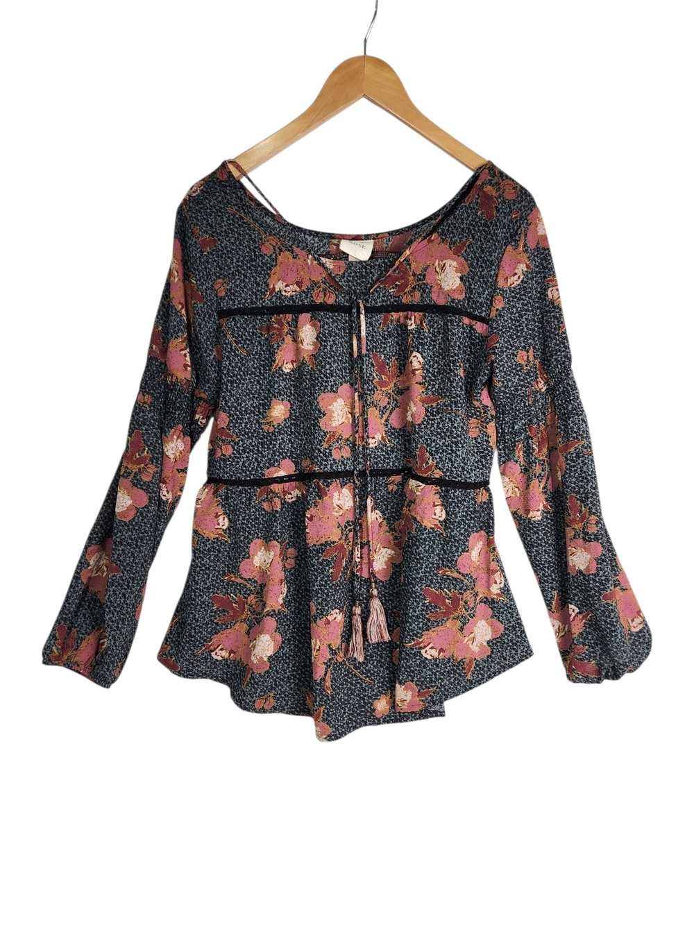 Knox Rose Womens M Dark Floral Boho Blouse Tassel Tie Lace Trim Long Sleeve Top